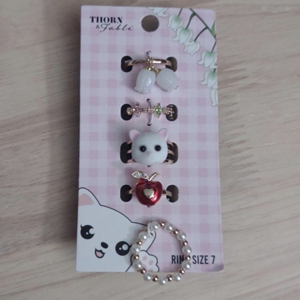 y2k Sweet Kawaii Kitty Cat Charms Apple Pearl Flowers Gold Ring Set